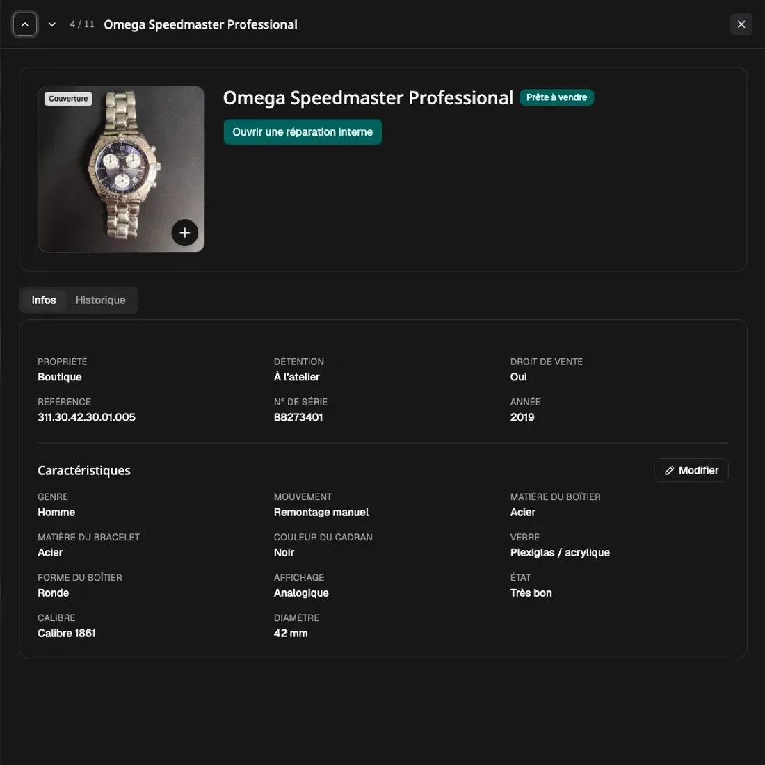 Fiche d’une montre dans Poinçon : photo, état « prête à vendre » et caractéristiques.