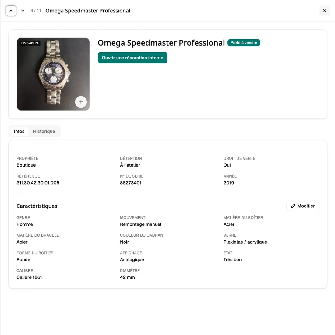 Fiche d’une montre dans Poinçon : photo, état « prête à vendre » et caractéristiques.
